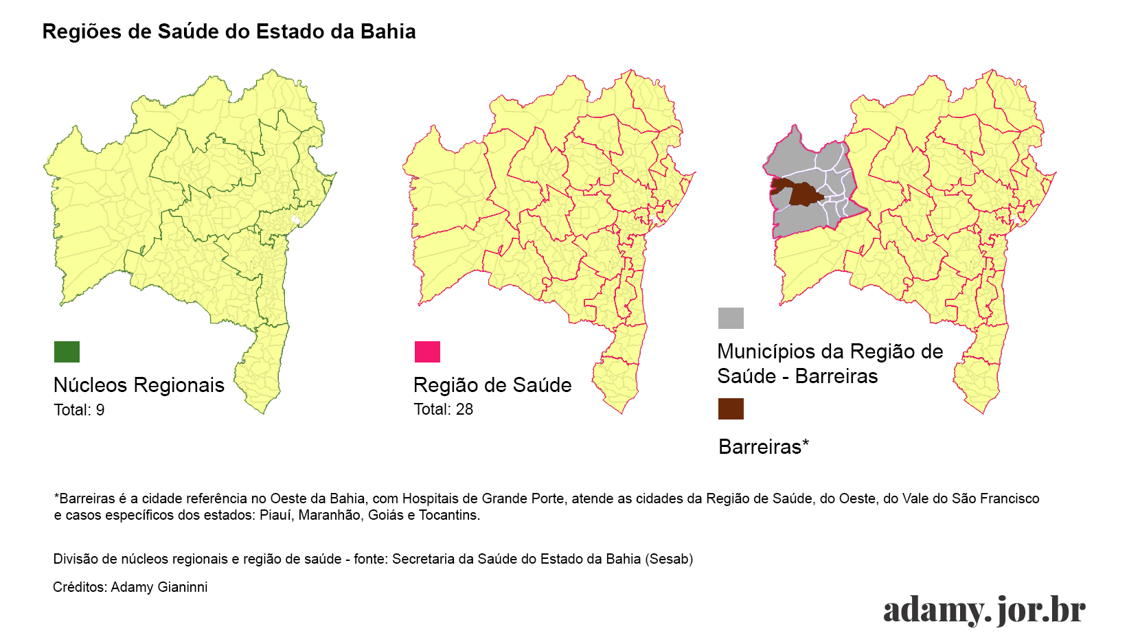 *Barreiras é a cidade referência no Oeste da Bahia, com Hospitais de Grande Porte, atende as cidades da Região de Saúde, do Oeste, do Vale do São Francisco e casos específicos dos estados: Piauí, Maranhão, Goiás e Tocantins. Divisão de núcleos regionais e região de saúde – fonte: Secretaria da Saúde do Estado da Bahia (Sesab) – Créditos: Adamy Gianinni