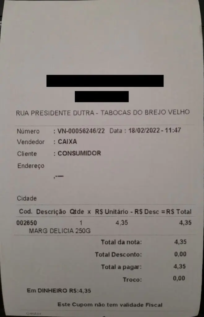 Consumidores relatam que estabelecimentos em Tabocas do Brejo Velho não emitem cupom fiscal ou nota, apenas cupom sem validade fiscal. (Créditos: imagens cedidas por fonte)