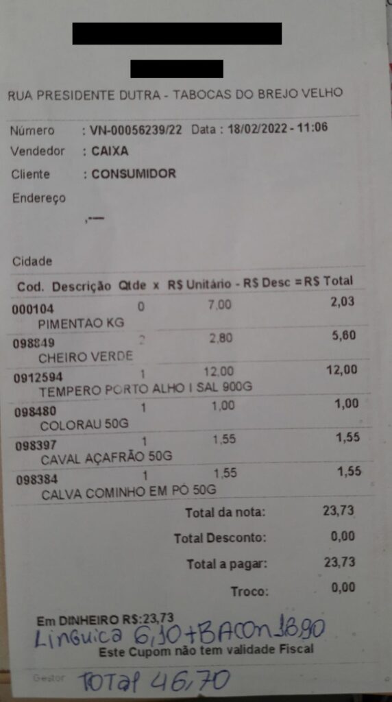 Consumidores relatam que estabelecimentos em Tabocas do Brejo Velho não emitem cupom fiscal ou nota, apenas cupom sem validade fiscal. (Créditos: imagens cedidas por fonte)