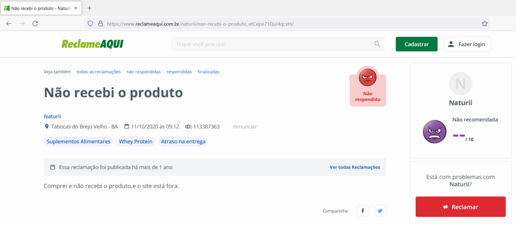 Na tentativa de solucionar o seu problema, consumidores procuram o Reclame Aqui, mas nem sempre a reclamação é respondida. (Créditos: Print Reclame Aqui)