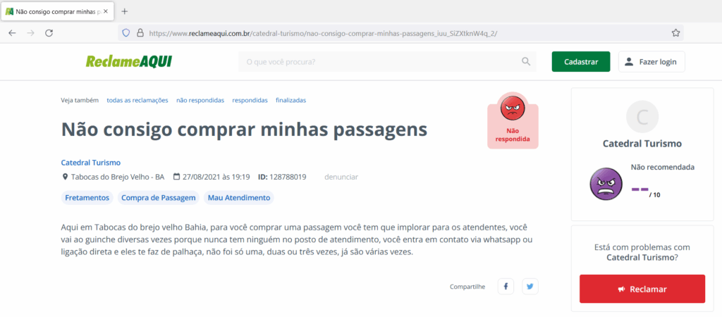 Na tentativa de solucionar o seu problema, consumidores procuram o Reclame Aqui, mas nem sempre a reclamação é respondida. (Créditos: Print Reclame Aqui)