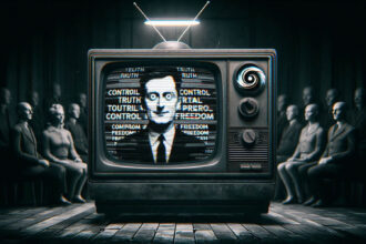 Uma televisão antiga de tubo, em preto e branco, transmitindo uma propaganda política distorcida (Créditos: Adamy Gianinni/IA)