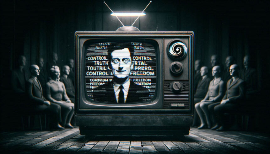 Uma televisão antiga de tubo, em preto e branco, transmitindo uma propaganda política distorcida (Créditos: Adamy Gianinni/IA)