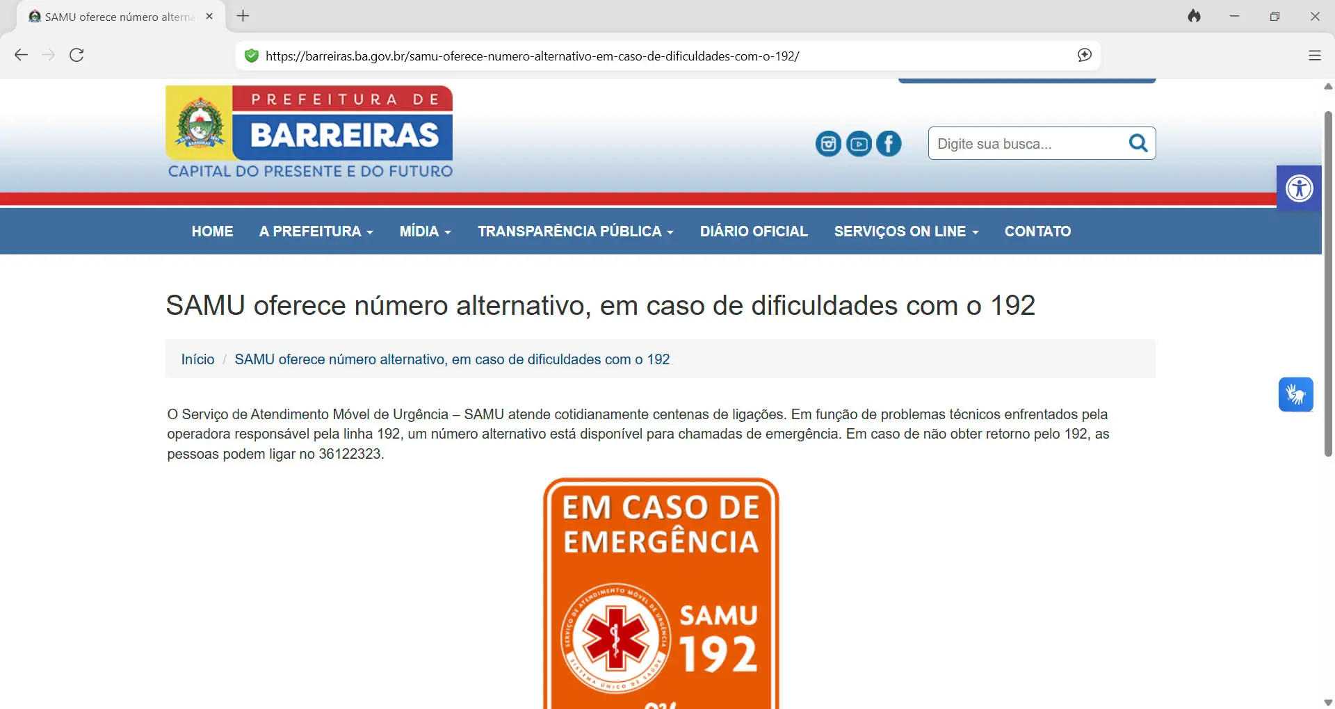 Prefeitura de Barreiras publica comunicado oficial sobre inoperância do 192 em seu site oficial (Foto: Reprodução/PMB)