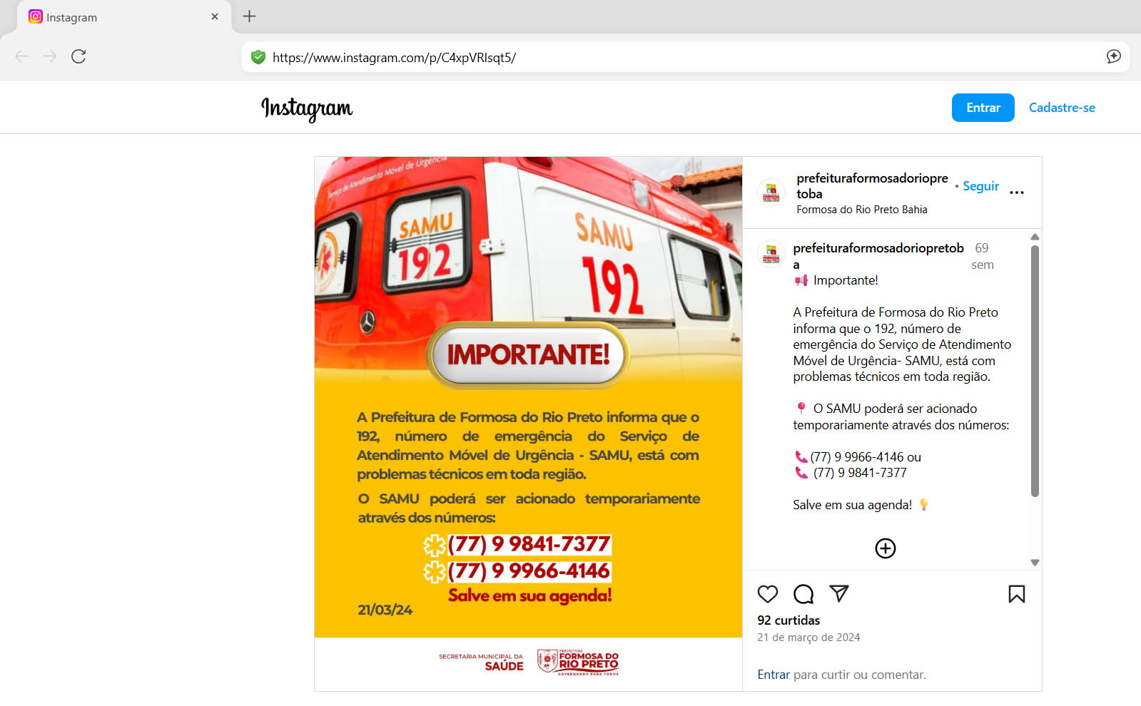 Prefeitura de Formosa do Rio Preto posta aviso sobre inoperância do 192 no Instagram (Foto: Reprodução/Instagram)