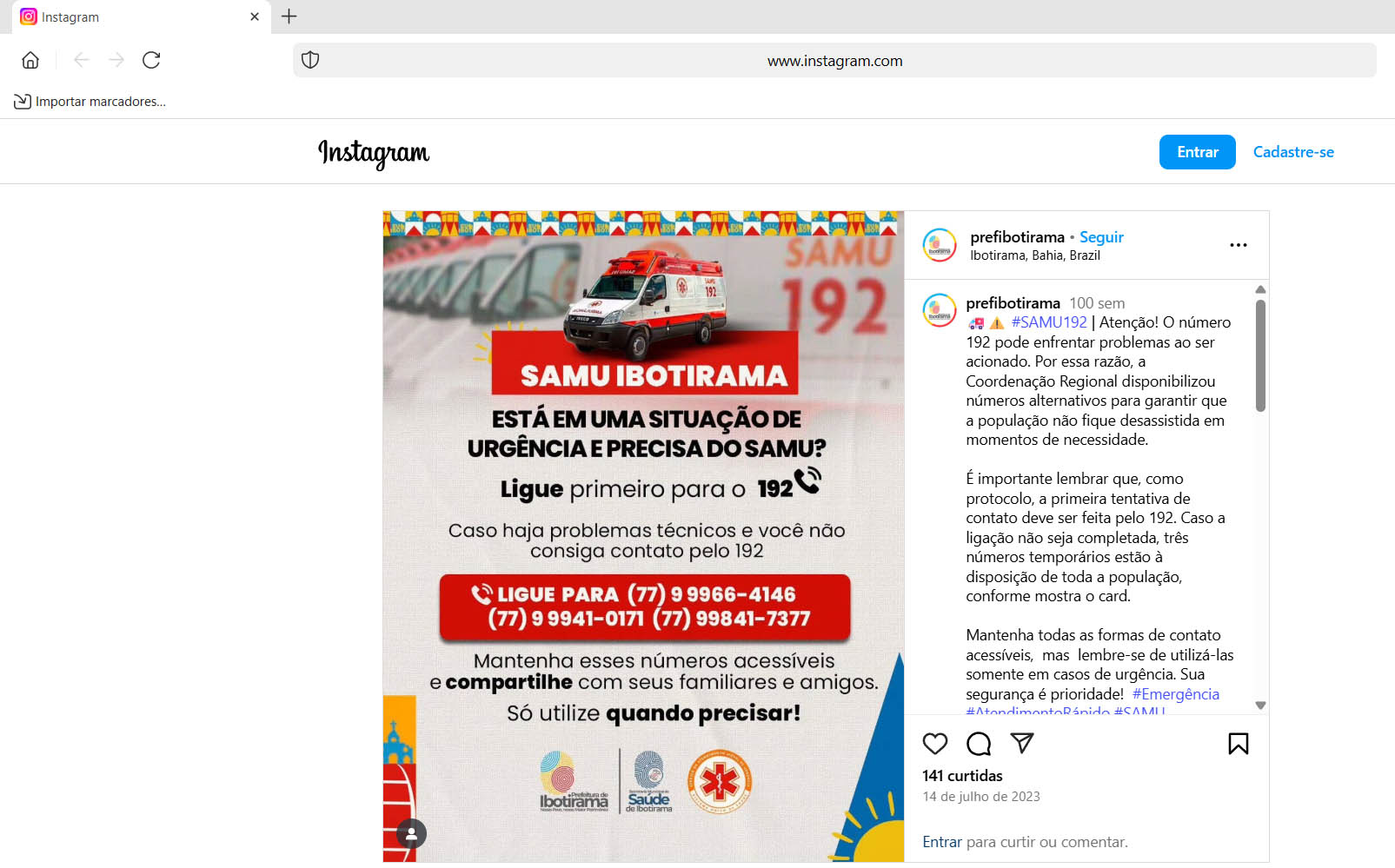 Prefeitura de Ibotirama posta aviso sobre inoperância do 192 no Instagram (Foto: Reprodução/Instagram)