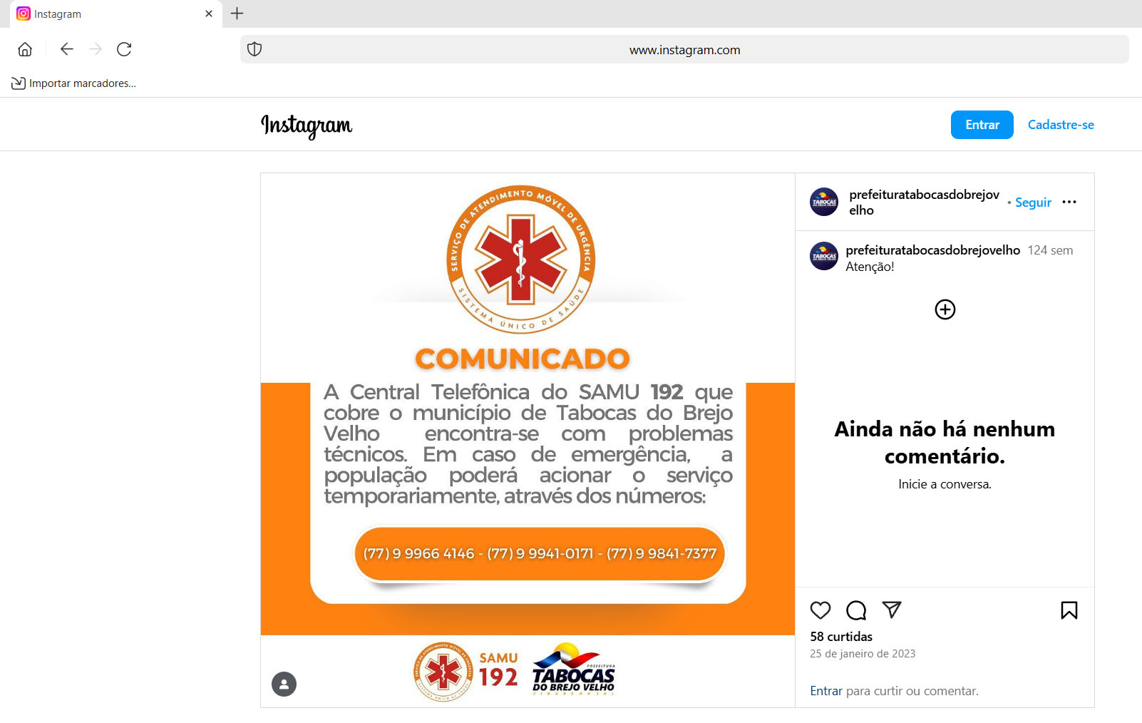 Prefeitura de Tabocas do Brejo Velho posta aviso sobre inoperância do 192 no Instagram (Foto: Reprodução/Instagram)