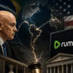 A imagem retrata o ministro Alexandre de Moraes em um contexto global de disputa judicial envolvendo o Rumble. Simboliza o embate entre a justiça brasileira e a liberdade de expressão internacional (Créditos: Adamy Gianinni/IA)