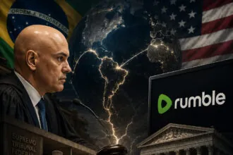 A imagem retrata o ministro Alexandre de Moraes em um contexto global de disputa judicial envolvendo o Rumble. Simboliza o embate entre a justiça brasileira e a liberdade de expressão internacional (Créditos: Adamy Gianinni/IA)