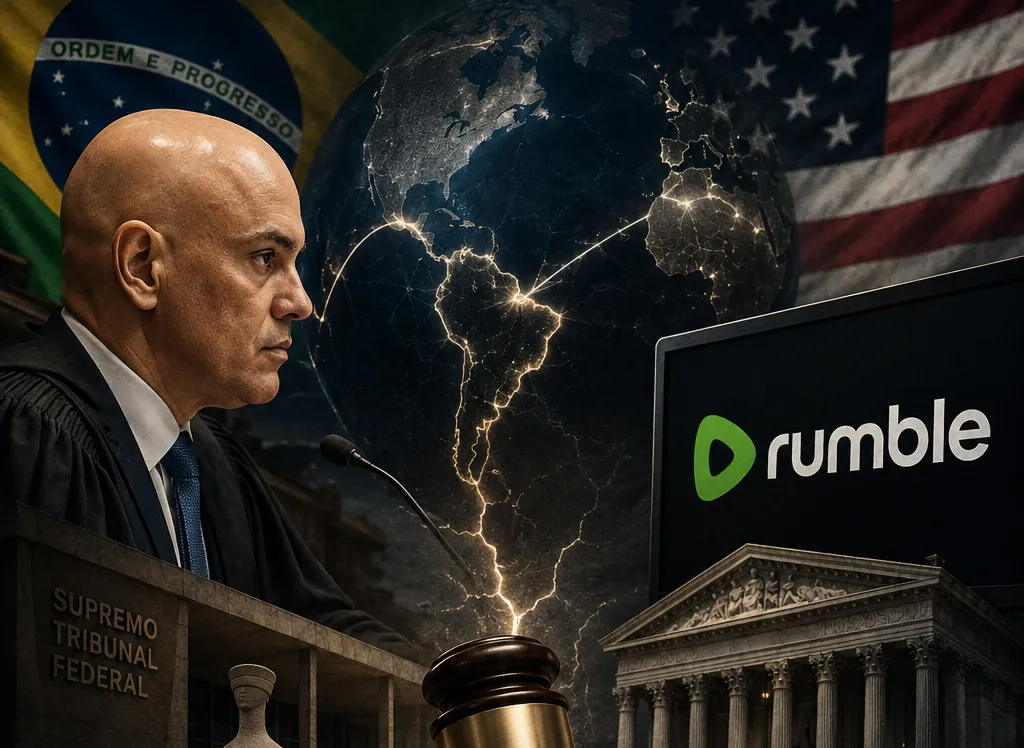 A imagem retrata o ministro Alexandre de Moraes em um contexto global de disputa judicial envolvendo o Rumble. Simboliza o embate entre a justiça brasileira e a liberdade de expressão internacional (Créditos: Adamy Gianinni/IA)