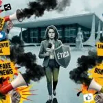 Jornalista com escudo de ética em meio a fake news (Créditos: Adamy Gianinni)