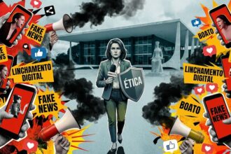 Jornalista com escudo de ética em meio a fake news (Créditos: Adamy Gianinni)