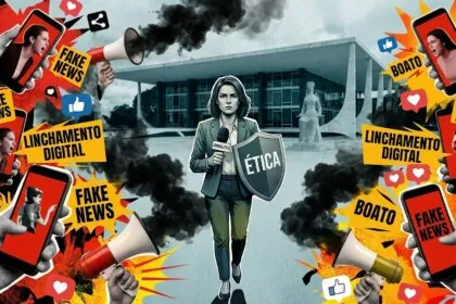 Jornalista com escudo de ética em meio a fake news (Créditos: Adamy Gianinni)