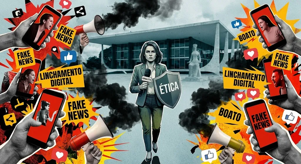 Jornalista com escudo de ética em meio a fake news (Créditos: Adamy Gianinni)