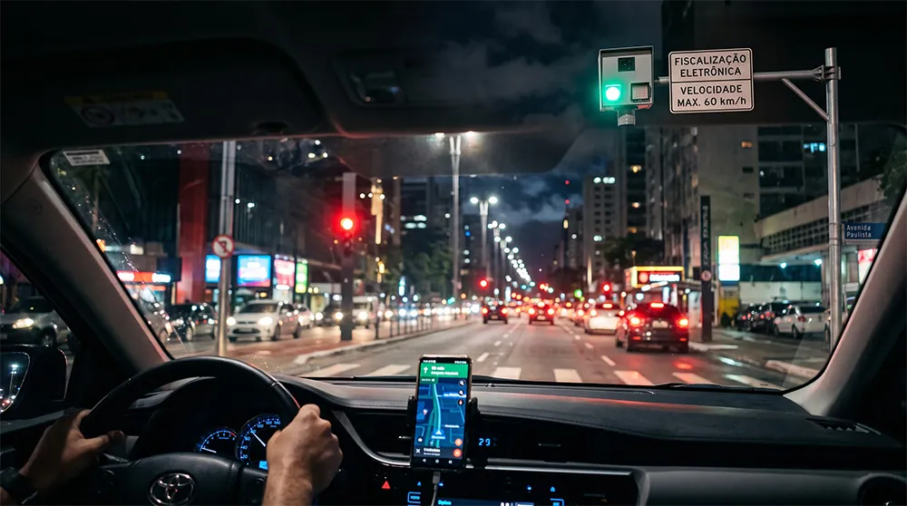 Interior de carro dirigindo à noite na Avenida Paulista, São Paulo (Créditos: Adamy Gianinni)