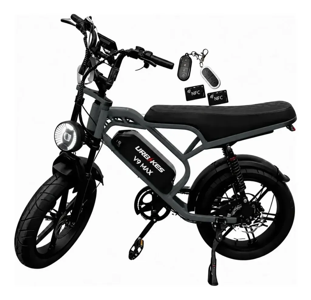 Bicicleta elétrica URBKES V9 MAX cinza com pneus largos (Foto: Divulgação)