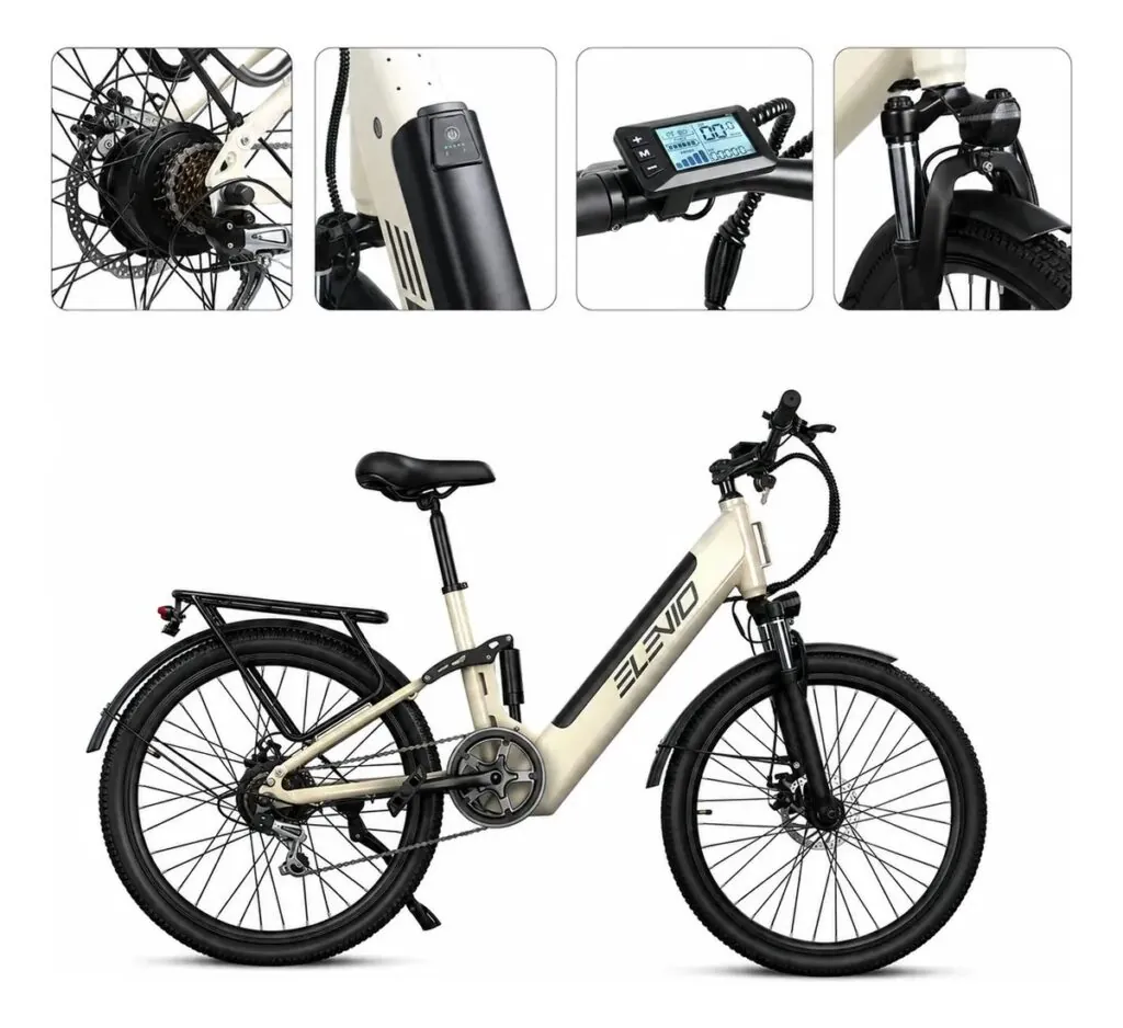 Bicicleta elétrica Elevio branca com suspensão e detalhes técnicos (Foto: Divulgação)