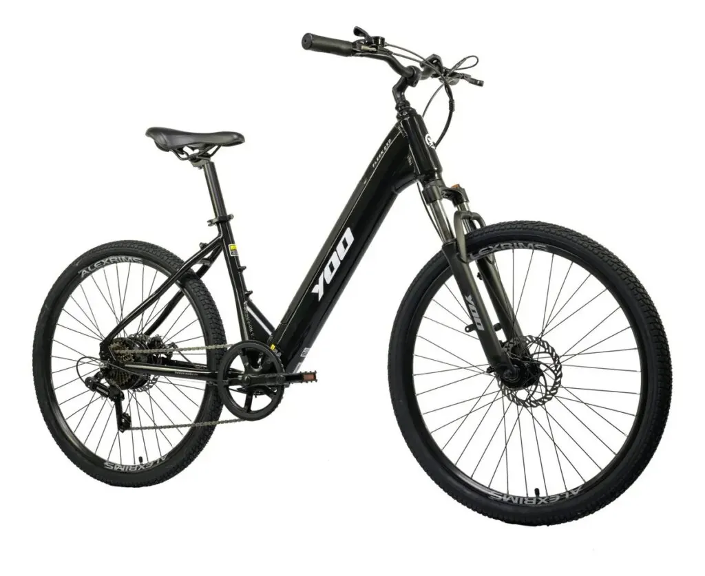 Bicicleta elétrica preta da marca YOO com suspensão dianteira (Foto: Divulgação)