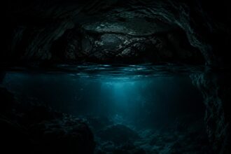 Vista de caverna subaquática com luz filtrada na água escura (Créditos: Adamy Gianinni)