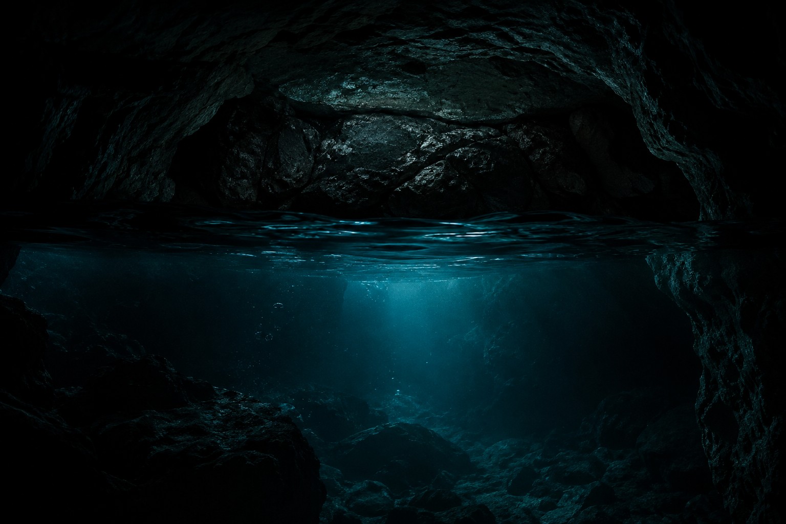 Vista de caverna subaquática com luz filtrada na água escura (Créditos: Adamy Gianinni)