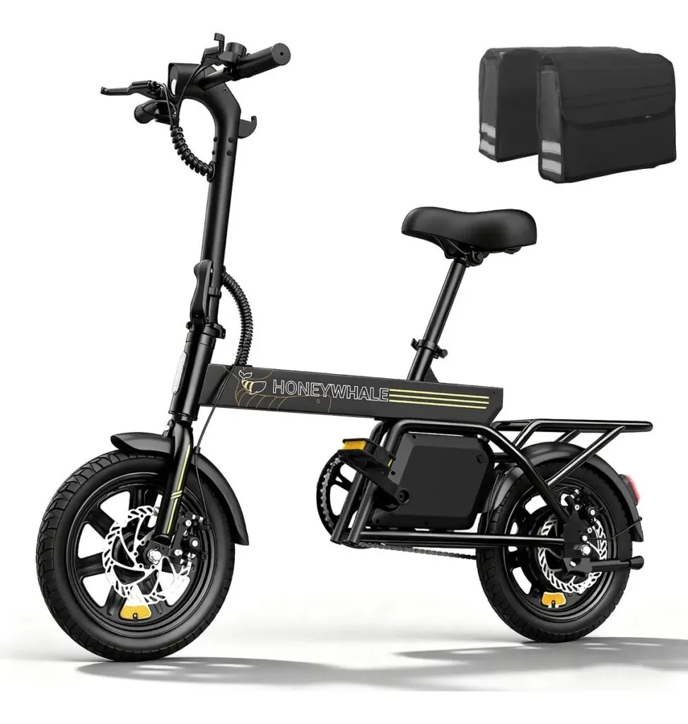 Bicicleta elétrica preta Honeywhale com bolsas laterais inclusas (Foto: Divulgação)