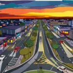 Ilustração de rodovia urbana ao pôr do sol em estilo recorte (Créditos: Adamy Gianinni)