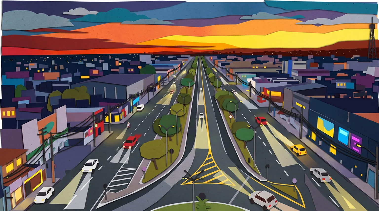Ilustração de rodovia urbana ao pôr do sol em estilo recorte (Créditos: Adamy Gianinni)