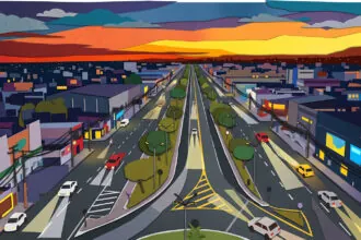 Ilustração de rodovia urbana ao pôr do sol em estilo recorte (Créditos: Adamy Gianinni)