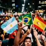 Imagem ilustrativa de uma multidão fazendo o L com bandeiras do Brasil, Espanha, México e Argentina (Créditos: Adamy Gianinni)