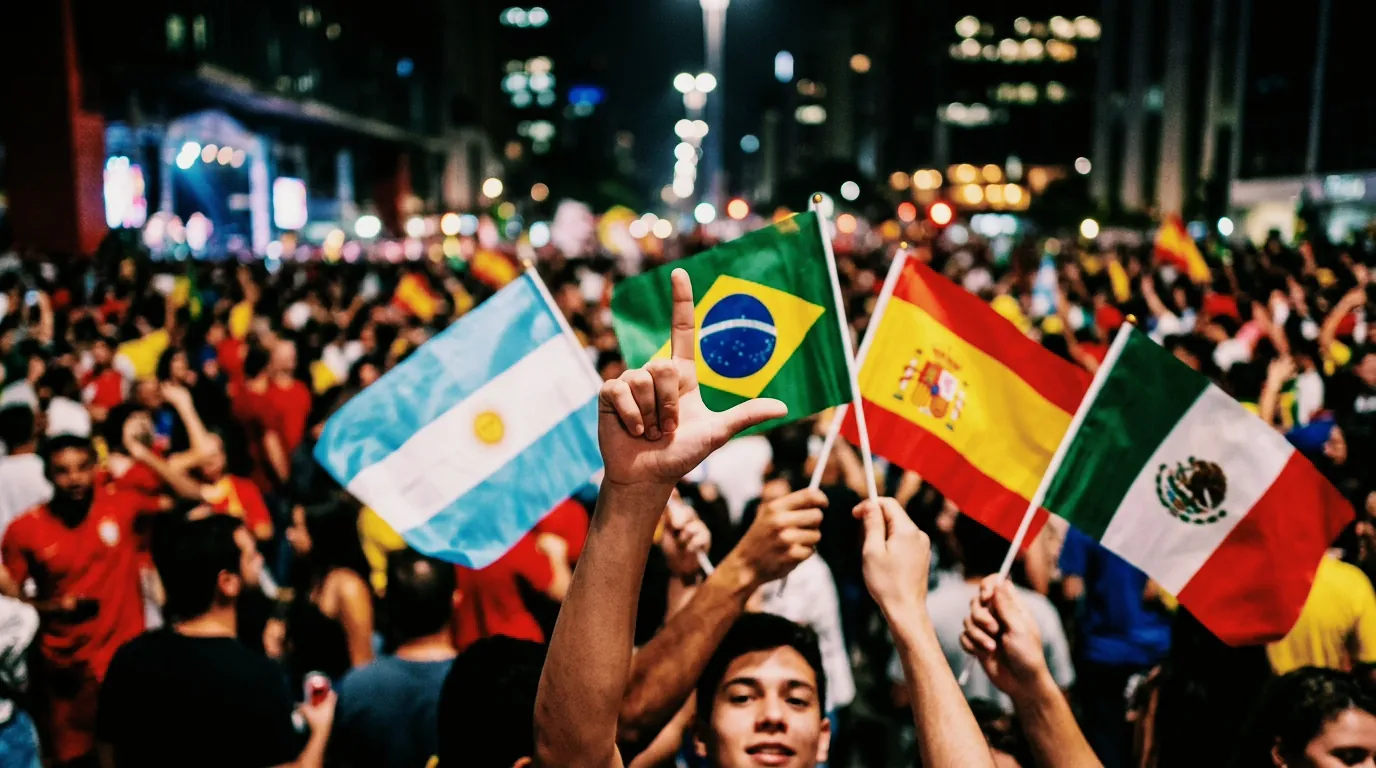 Imagem ilustrativa de uma multidão fazendo o L com bandeiras do Brasil, Espanha, México e Argentina (Créditos: Adamy Gianinni)