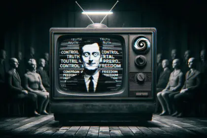 Uma televisão antiga de tubo, em preto e branco, transmitindo uma propaganda política distorcida (Créditos: Adamy Gianinni/IA)